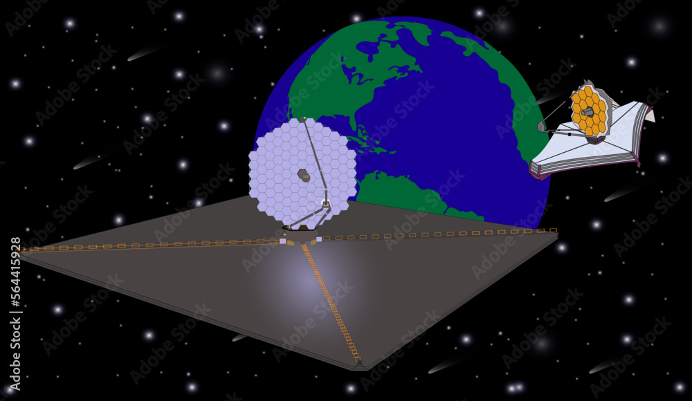 Fototapeta premium Ultraviolet multi object space telescope concept luvoir A and JWST somewhere in outer space near Earth planet. Elements of this vector illustration were furnished by NASA