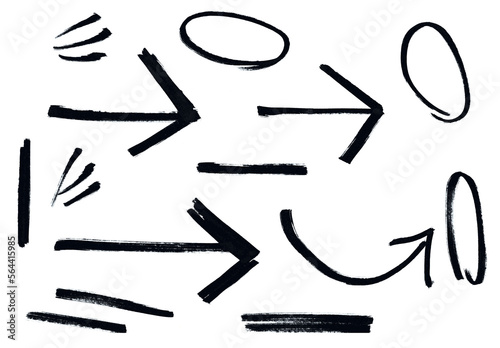 Arrows and scratches  straight lines made with marker pen  hand drawing  irregular shapes  great graphic resource for design. Left and right  signs and symbols. Highlights  handmade. Black and white.