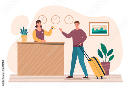 Hotel check in. Man with luggage next to girl at key counter. reception and employee receives client. Booking and travel, tourist. Poster or banner for website. Cartoon flat vector illustration