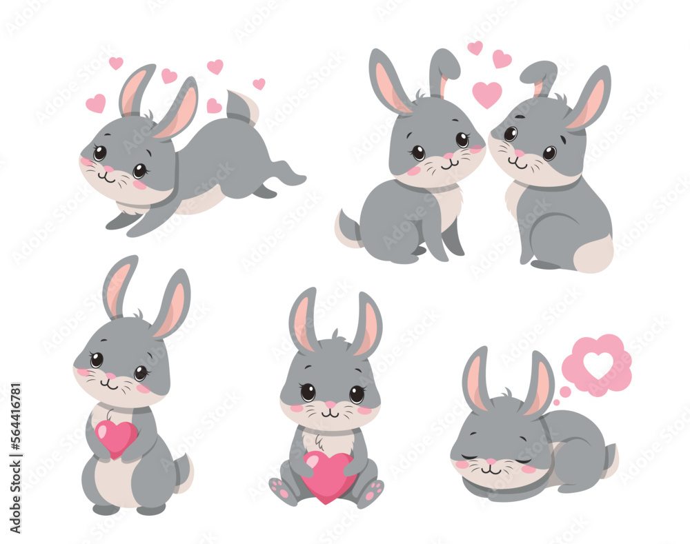 Naklejka premium Rabbits in love set. Collection of graphic elements for website. Romance, tenderness and care. valentines day and wedding anniversary. Cartoon flat vector illustrations isolated on white background