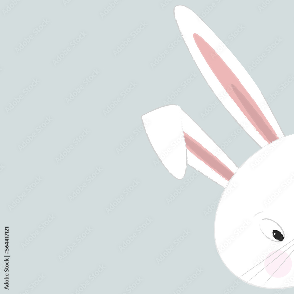 A white bunny watching with one eye on light blue background. Square format with copy space.