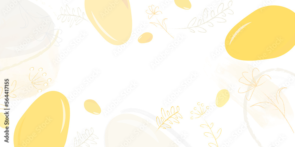 Yellow easter eggs and flowers card on white background. Rectangular format with copy space. 