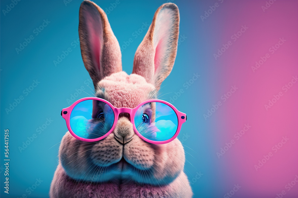 Portrait de lapin de Pâques avec des lunettes roses  - Générative IA - obrazy, fototapety, plakaty 