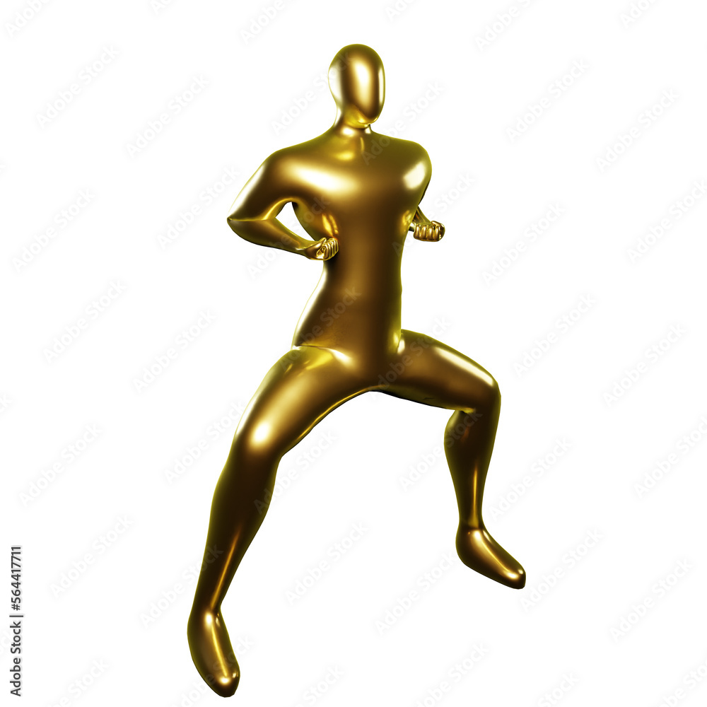 3D Render of Gold Stickman Karate Poses with Hands Beside Chest - A Perfect for Martial Arts Enthusiasts 3D Render of Gold Stickman Karate Poses with Hands Beside Chest - A Perfect for Martial Arts Enthusiasts
