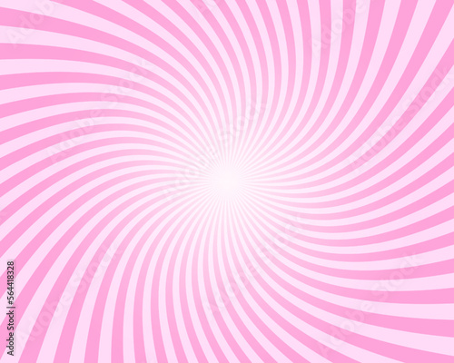 Rosy sunset, swirled pink radial stripes, pinwheel pattern. Circus, carnival or festival vortex background. Strawberry bubble gum, sweet lollipop candy, ice cream texture. Vector cartoon illustration