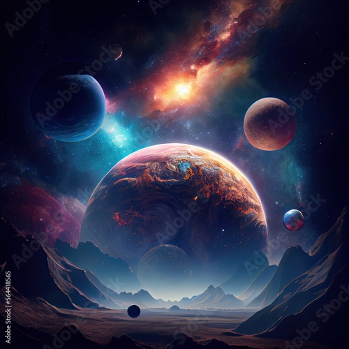 Planets in space with a galaxy in the background. AI