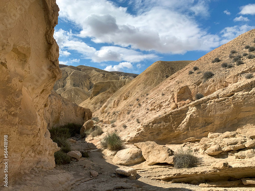 Tourists walk in Wadi Hawarim - a dry bed among the mountains in the Negev desert