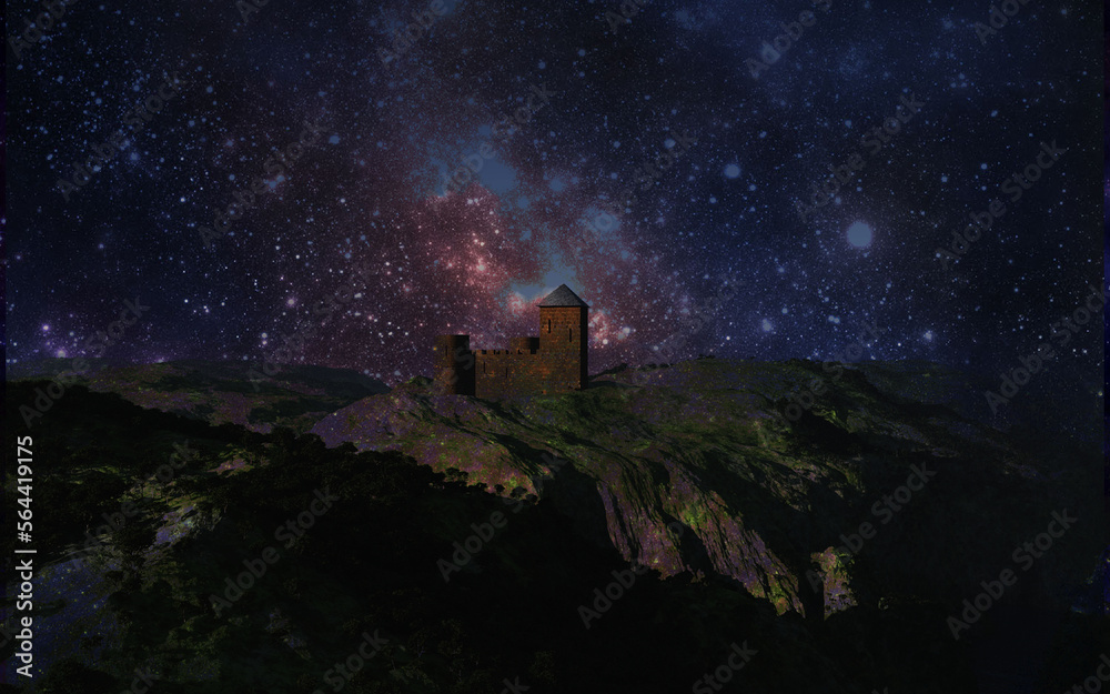 空一面の星と古城