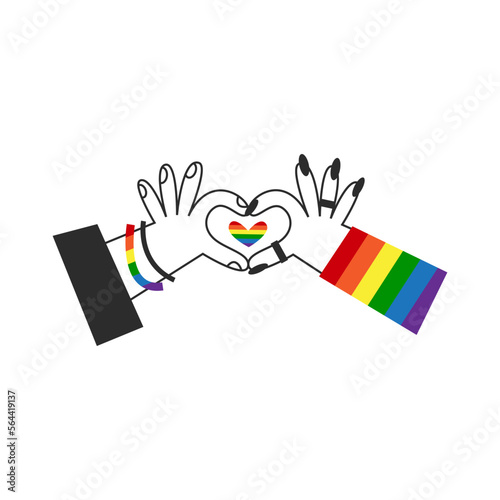 Hands make rainbow heart shape. Gay lgbt flag symbol. Happy pride, Valentines day, diversity and inclusion concept. Vector flat illustration.