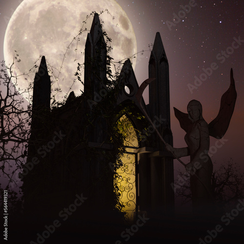Photo Angel of Death in front of a mausoleum - Spooky night background with the full m