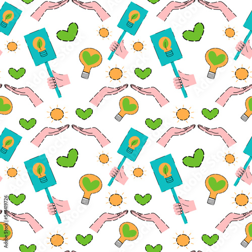 Seamless pattern ESG concept. Eco-friendly, sustainable background. Vector hand drawn illustration