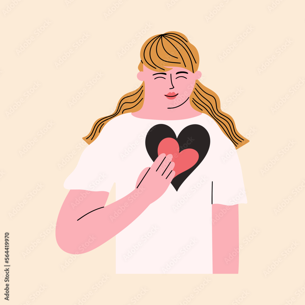 The concept of self-love, sincerity, kindness, sincerity. The woman puts her heart inside herself. Vector hand drawn illustration The concept of self-love, sincerity, kindness, sincerity. The woman puts her heart inside herself. Vector hand drawn illustration