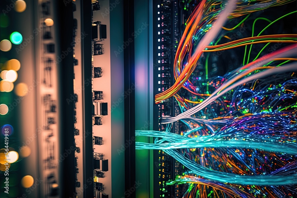 Fibre optic cables transmit data between the data center's servers and