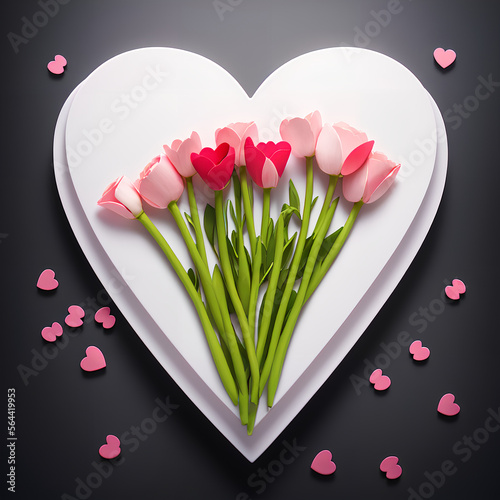 Romantic poste, bunch of fresh tulips over the whyte heart shape, AI Generated photo