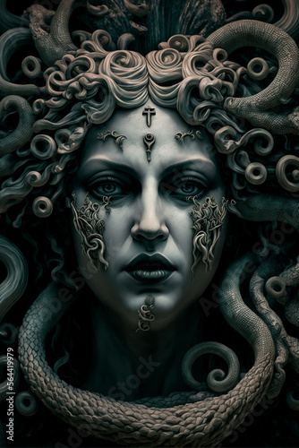 Face of the goddess Medusa, 
realistic illustration. Generative AI. photo