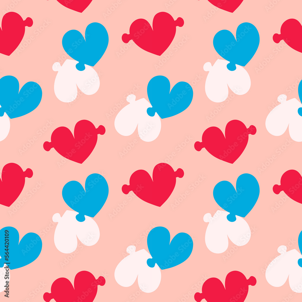 Puzzles hearts. Seamless romantic pattern. Unique design, symbol of love, Valentine's day. Vector hand drawn illustration