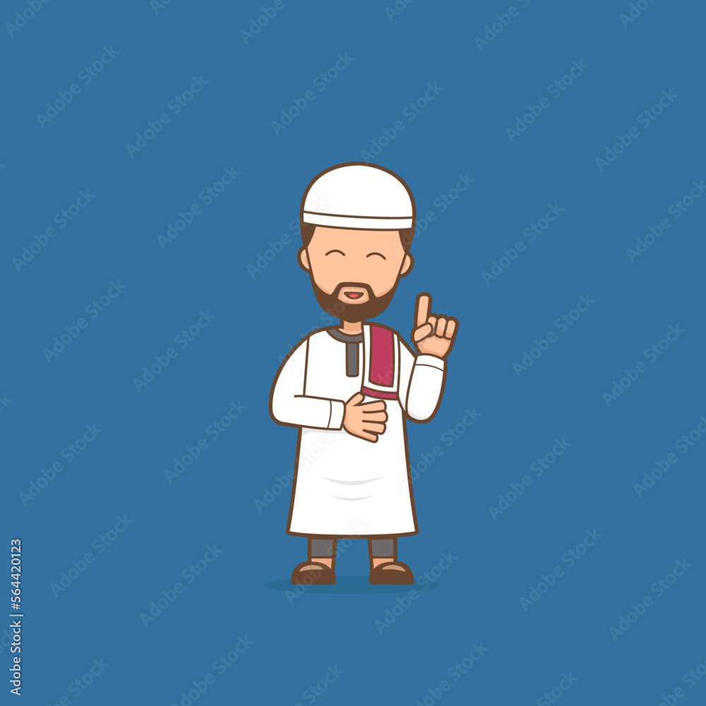 Religious Muslim man cartoon character illustration giving religious advice and lecture pose Religious Muslim man cartoon character illustration giving religious advice and lecture pose