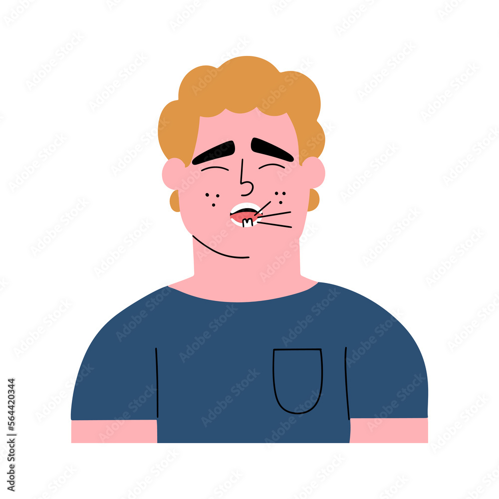 A man suffers from a toothache. Man with caries, cracked tooth. Vector hand drawn illustration