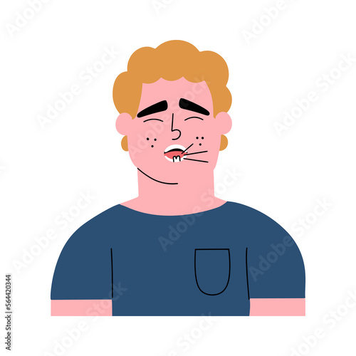 A man suffers from a toothache. Man with caries, cracked tooth. Vector hand drawn illustration