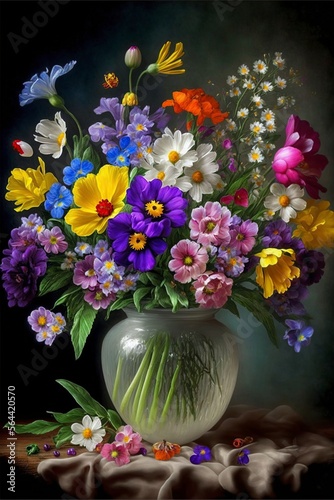 illustration, spring flowers of different colors, image generated by AI