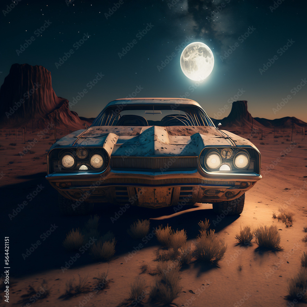 The front of a car with a moon behind desert | Generative AI