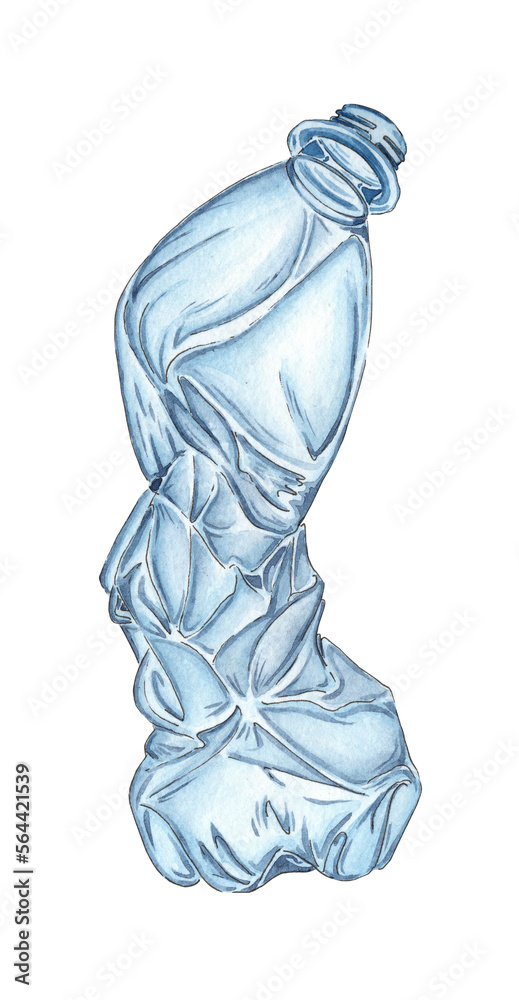 Watercolor drawing of a blue crumpled plastic bottle. Realistic