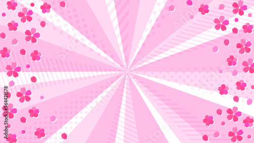 桜の花とポップで可愛い模様の入ったビビッドカラーの放射背景素材　横長