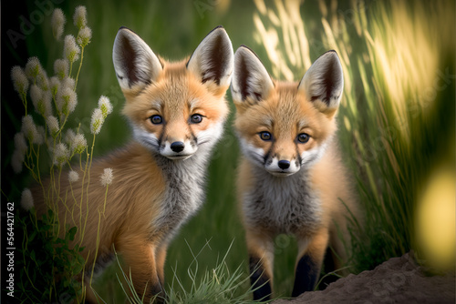 Red fox kits or babies close up image portrait of two curious beautiful fox young in the spring looking out peeking from the long grass,  both have expressive eyes. Generative ai © touchedbylight