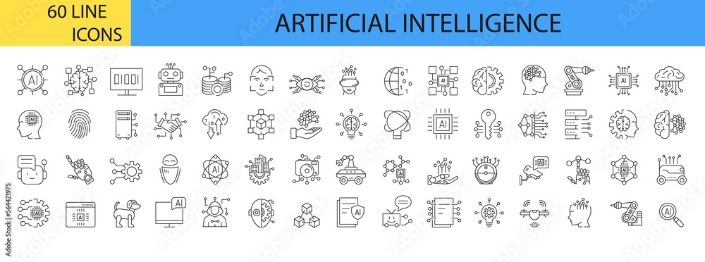 Artificial intelligence. Machine learning. 60 line icons set. Vector illustration. Editable stroke.
