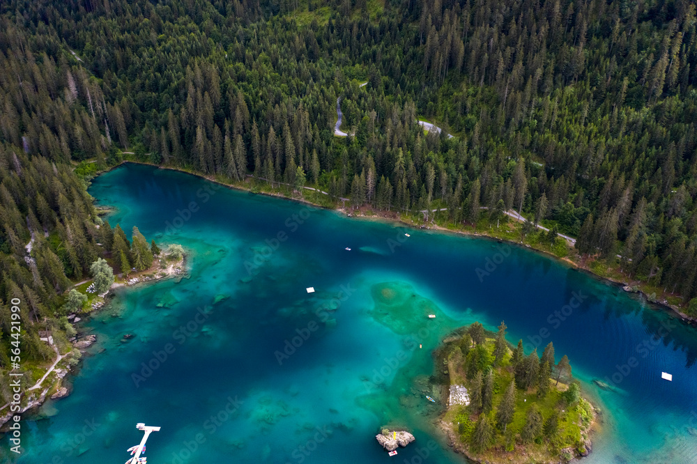 Aerial view of Caumer Lake in Graubunden canton late afternoon, flims, Graubunden, Switzerland