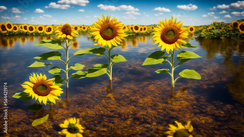 Sunflowers on the banks of a river  with Generative AI