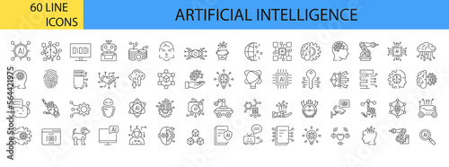 Artificial intelligence. Machine learning. 60 line icons set. Vector illustration. Editable stroke.
