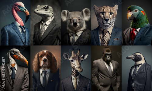 Fototapeta Naklejka Na Ścianę i Meble -  Set of portraits with animals in a business suits at the studio