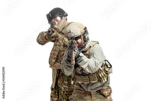 military special forces storm and attack special operations, two american soldiers in military equipment with weapons on a white background, airsoft concept