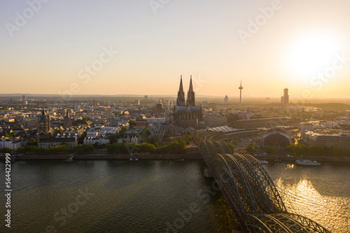 View of Cologne  the Rhine river and Cathedral by sunset