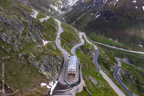 Aerial of Belvedere hotel by Rhone glacier in Valais