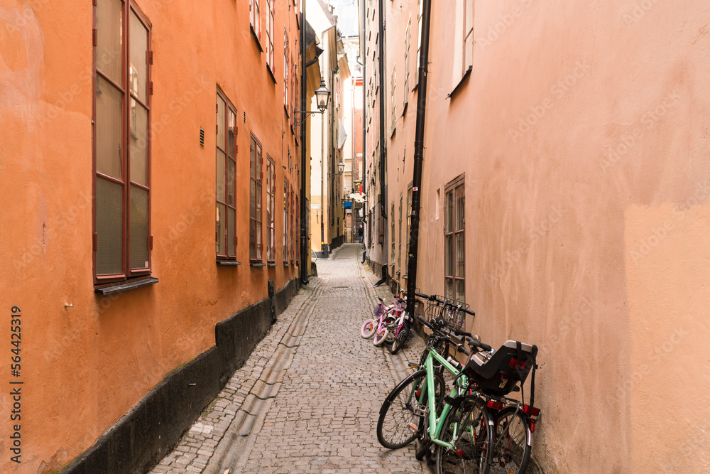Narrow streets at the historic old city Gamlastan of Stockholm