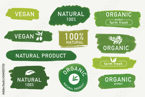 set of Organic label and natural label hand drawn brush. Tag and Sticker Farm fresh logo vegan food mark.
