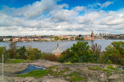 View of Stockholm from  Skinnarviksberget in summer with the townhall photo