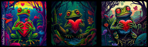 Set of frogs with hearts in forest. AI generative.