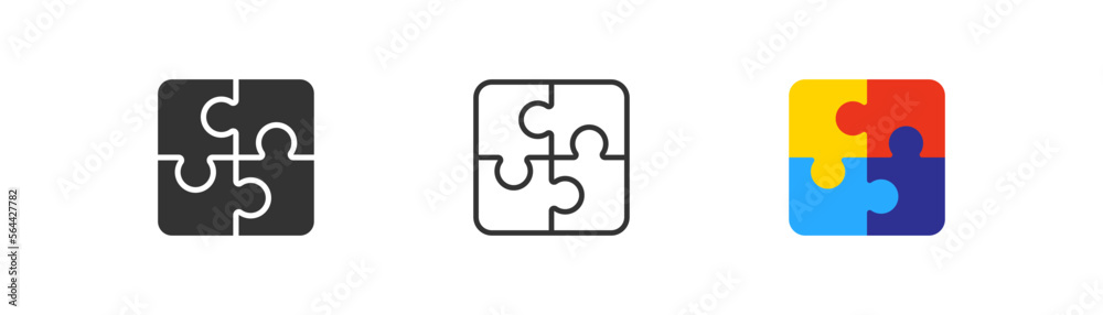 Complete puzzle with four parts icon. Teamwork, management symbol. Plugins sign. Logo template for website, ui, app. Complete data concept. Outline, flat, and colored style. Flat design.