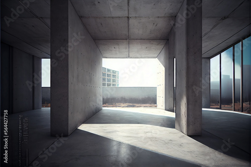 Abstract futuristic geometric concrete empty room with sunrays. Generative AI illustration