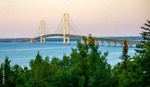 Mackinac Bridge at sunrise dawn eastside Lake Huron