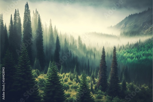A Foggy Mountainous Landscape Forested with Pine Trees, a Generative AI Image