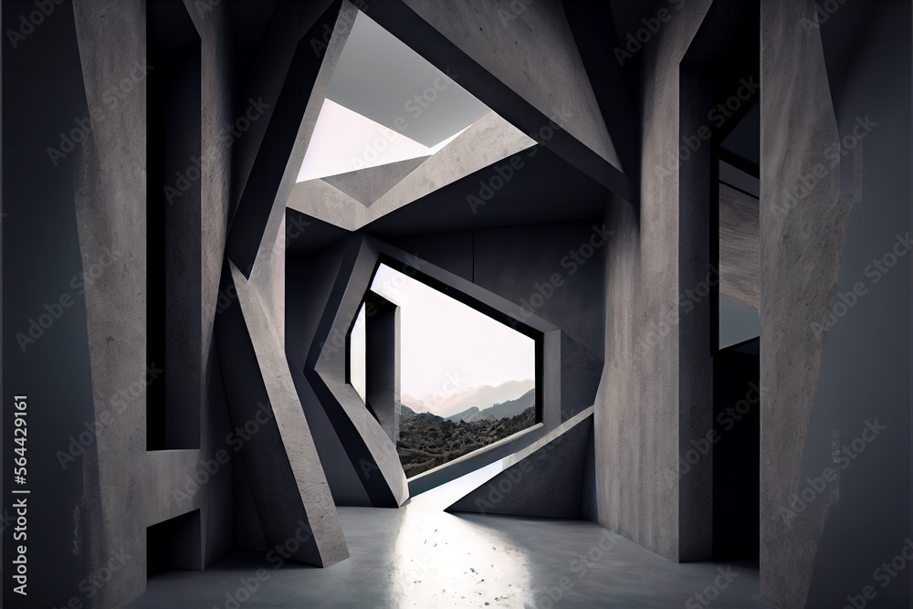 Abstract futuristic geometric concrete empty room. Generative AI illustration Abstract futuristic geometric concrete empty room. Generative AI illustration