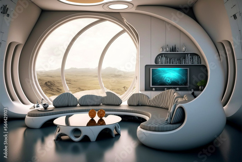 Fototapeta Naklejka Na Ścianę i Meble -  Futuristic space ship living room with advance furniture on the strange place. Generative AI illustration