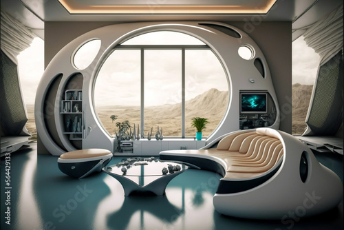 Fototapeta Naklejka Na Ścianę i Meble -  Futuristic space ship living room with advance furniture on the strange place. Generative AI illustration