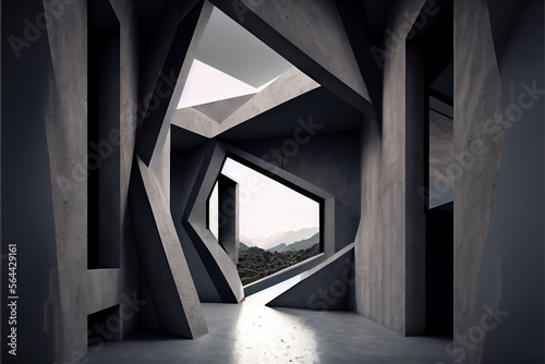 Abstract futuristic geometric concrete empty room. Generative AI illustration