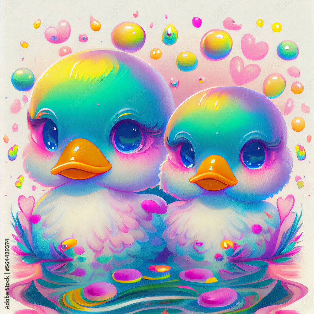 Fototapeta premium Adorable ducklings with multicolored bubbles. AI generative.