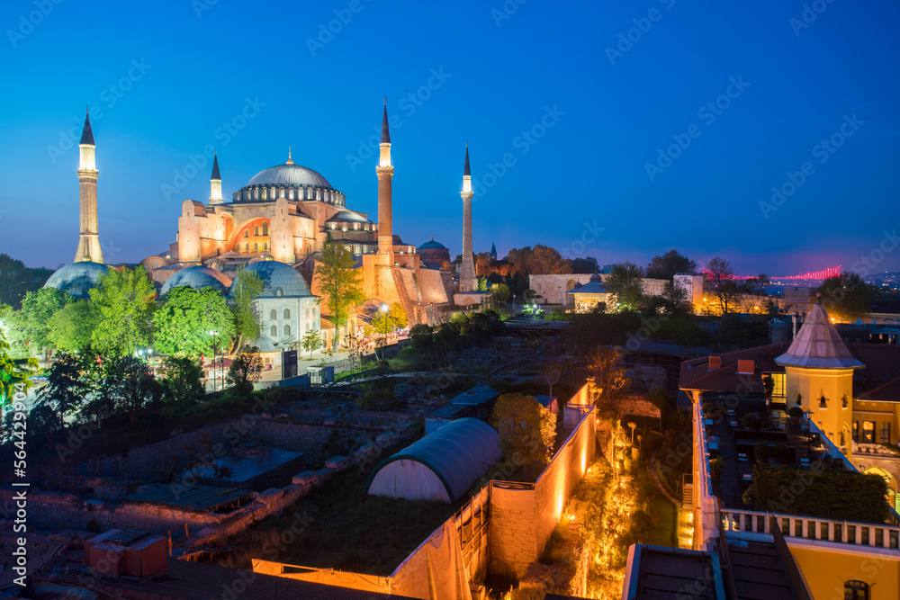 Hagia Sofia at night with the four seasons hotel on the right